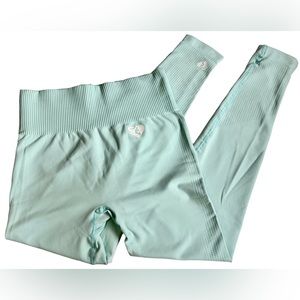 Nylon Power Seamless High Waisted Workout Ankle Leggings Breathable Aqua Size L